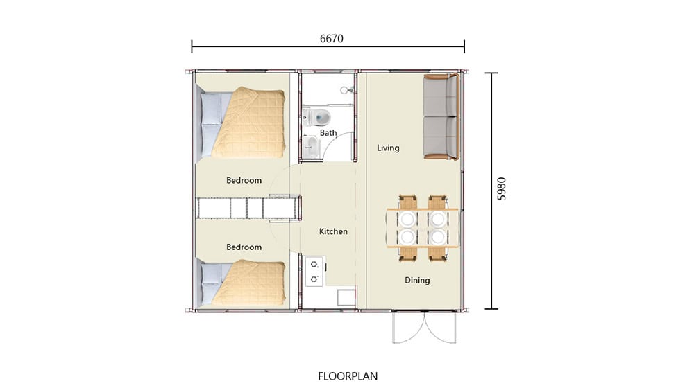 40Ft Luxury Expandable Container House Prefabricated Steel Folding Villa with 2Bedrooms layout plan