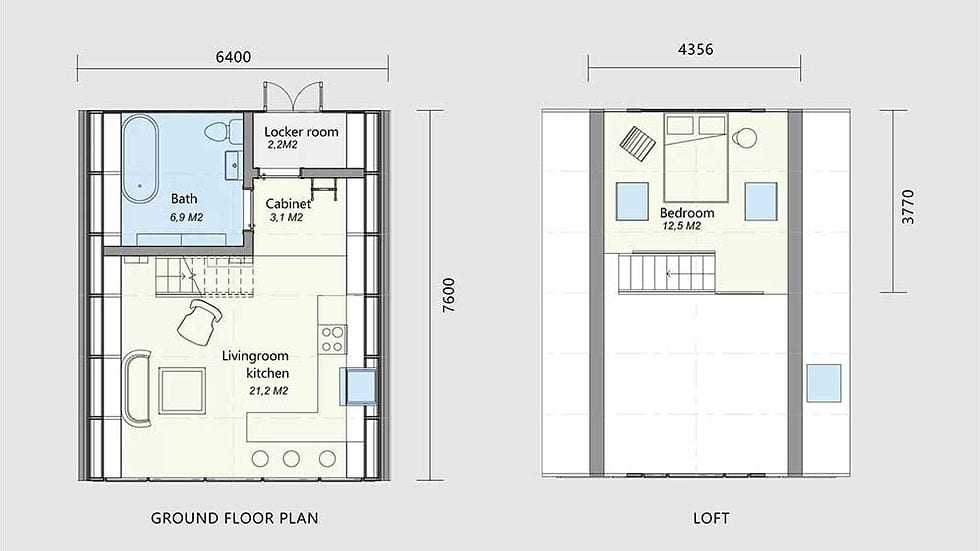 Lumina House: 2 Storeys One Bedroom A frame House layout plan